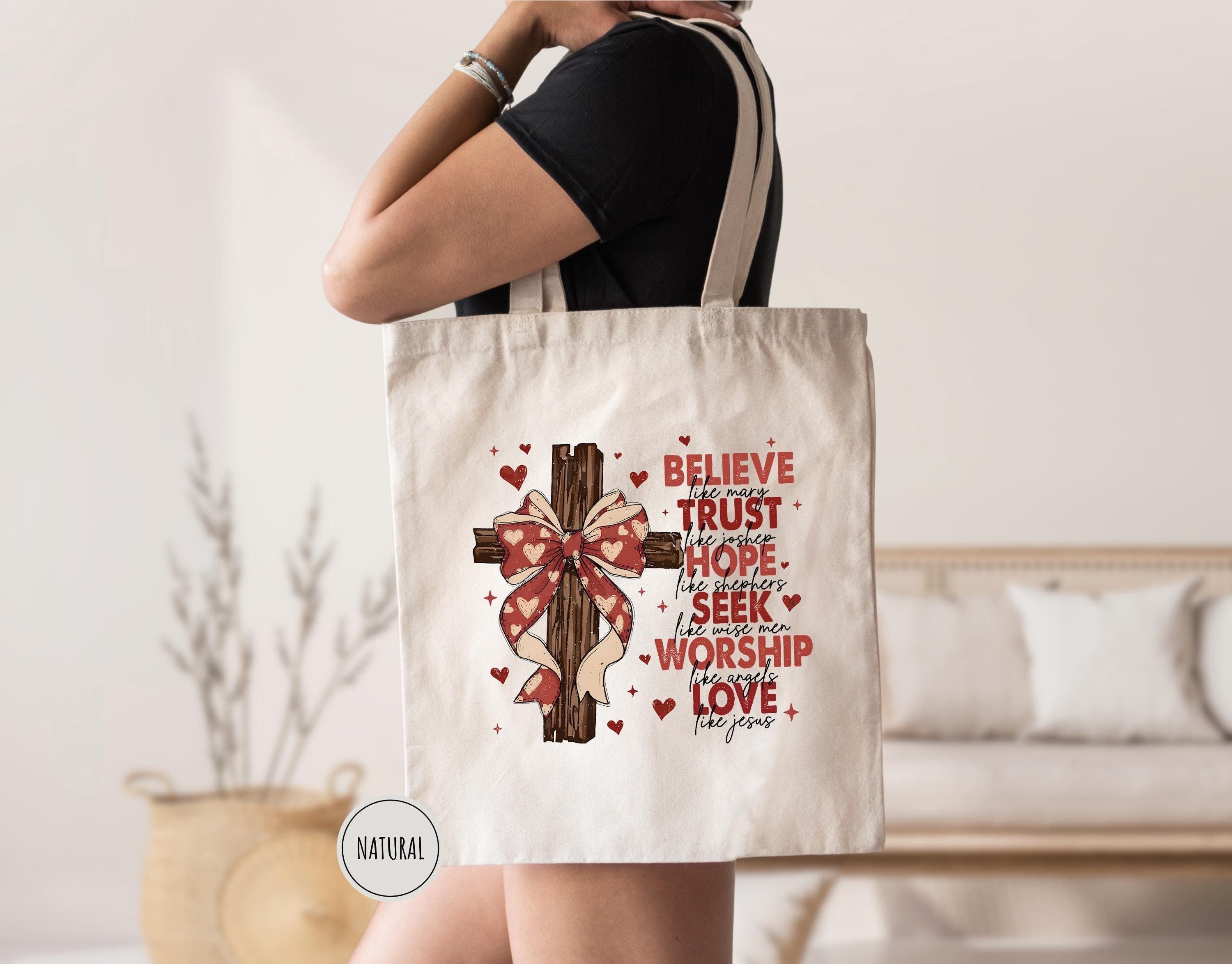Coquette Christian Tote Bag – Bible Verse Canvas Tote – Aesthetic Jesus Tote – Floral Scripture Bag – Faith-Based Gift for Her – Reusable Church Tote